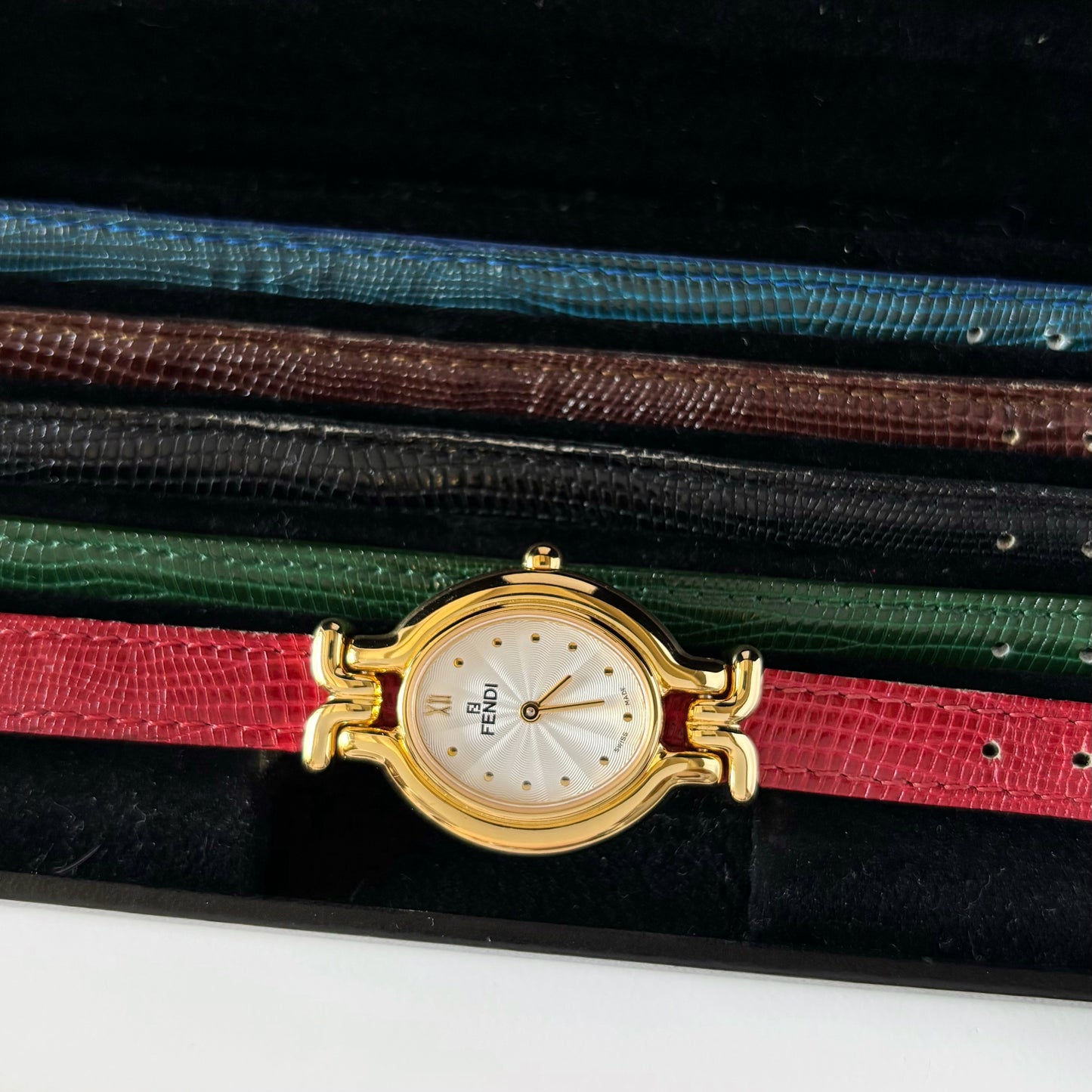 Fendi 1990s Interchangeable Belt Gold Plated Watch with 5 straps, case