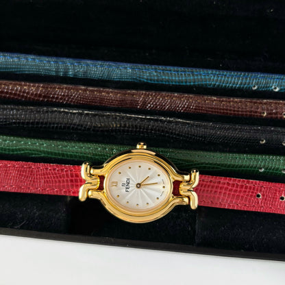 Fendi 1990s Interchangeable Belt Gold Plated Watch with 5 straps, case
