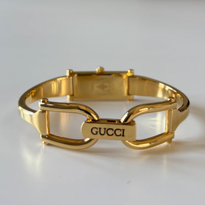 Gucci 1990s Seashell Rectangular Dial Gold Plated Bangle Watch