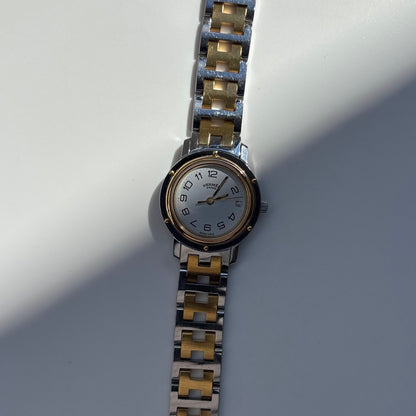 Hermes 1990s Clipper Date Round Dial Two Tone Gold Plated Watch