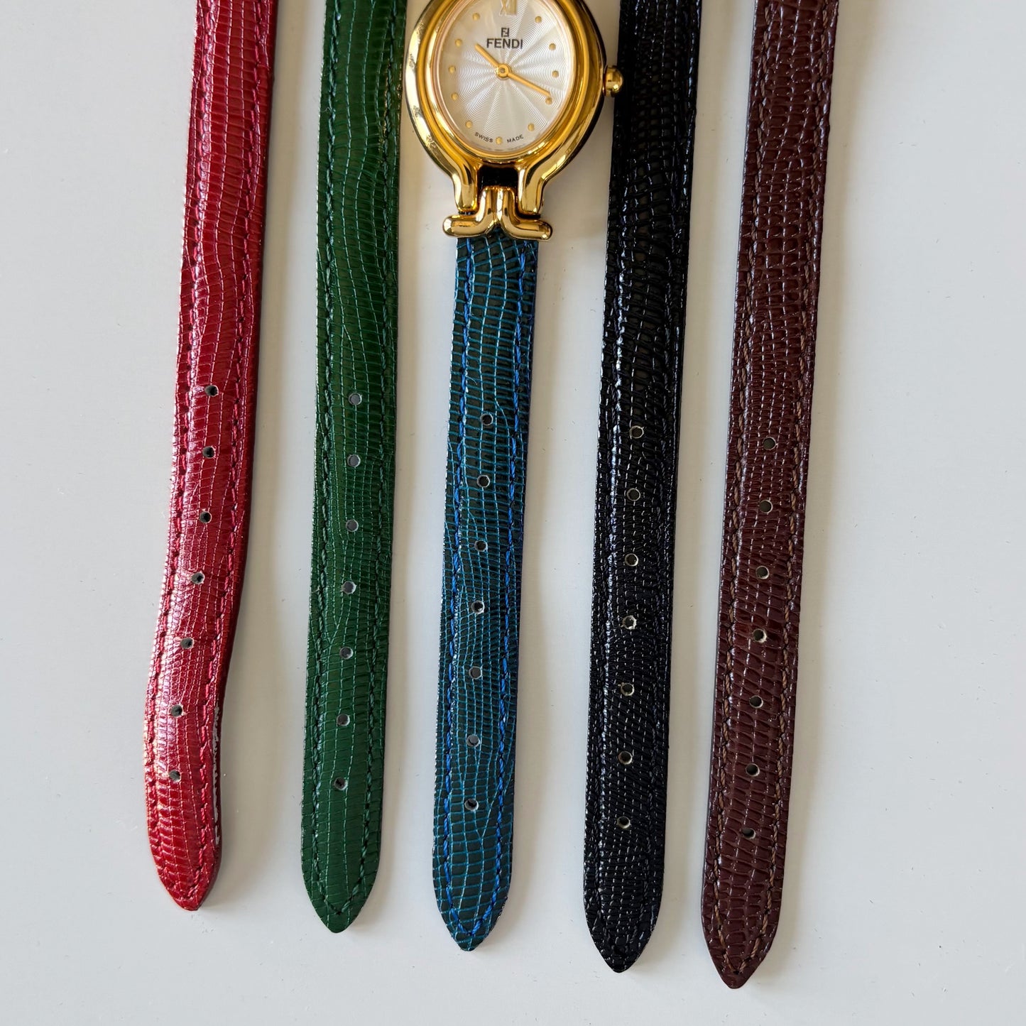 Fendi 1990s Interchangeable Strap Gold Plated Watch with 5 straps, case