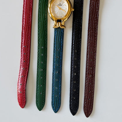 Fendi 1990s Interchangeable Strap Gold Plated Watch with 5 straps, case