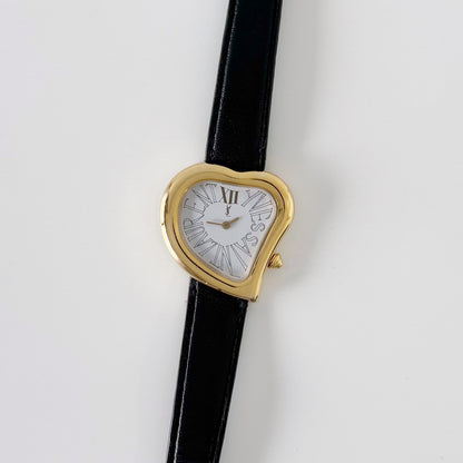 Yves Saint Laurent 1990s Heart Shaped Gold Plated Black Watch