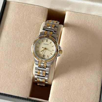 Gucci 1990s Date Round Dial Two Tone Gold Plated Watch