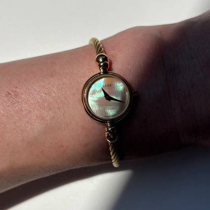 Gucci 1990s Seashell Dial Gold Plated Cable Bangle Watch