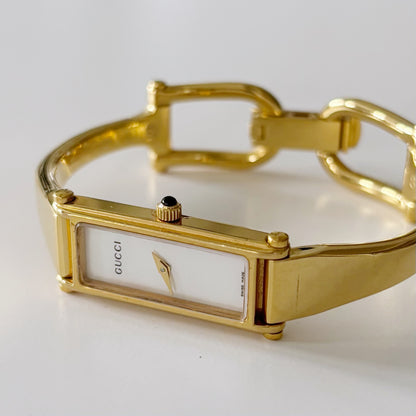 Gucci 1990s Seashell Dial Rectangular Gold Plated Bangle Watch (Small)