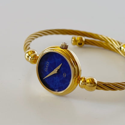 Gucci 1990s Blue Dial Gold Plated Cable Bangle Watch