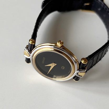 Gucci 1980s Black Round Dial Two Tone Watch