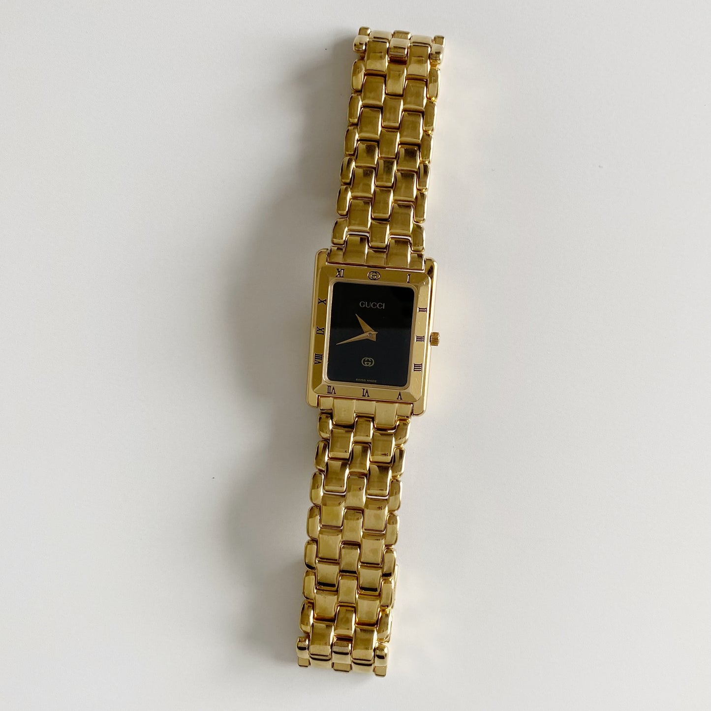 Gucci 1990s Black Dial Tank Gold Plated Watch (Large)