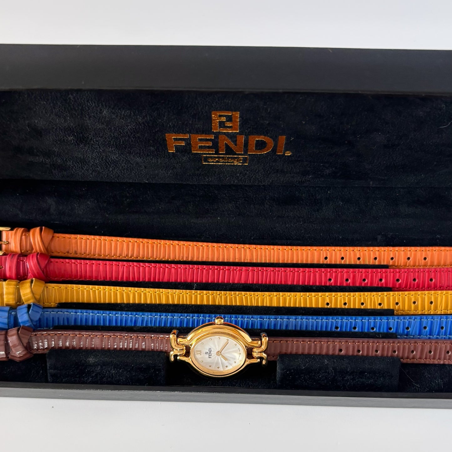 Fendi 1990s Interchangeable Strap Gold Plated Watch with 5 straps, case