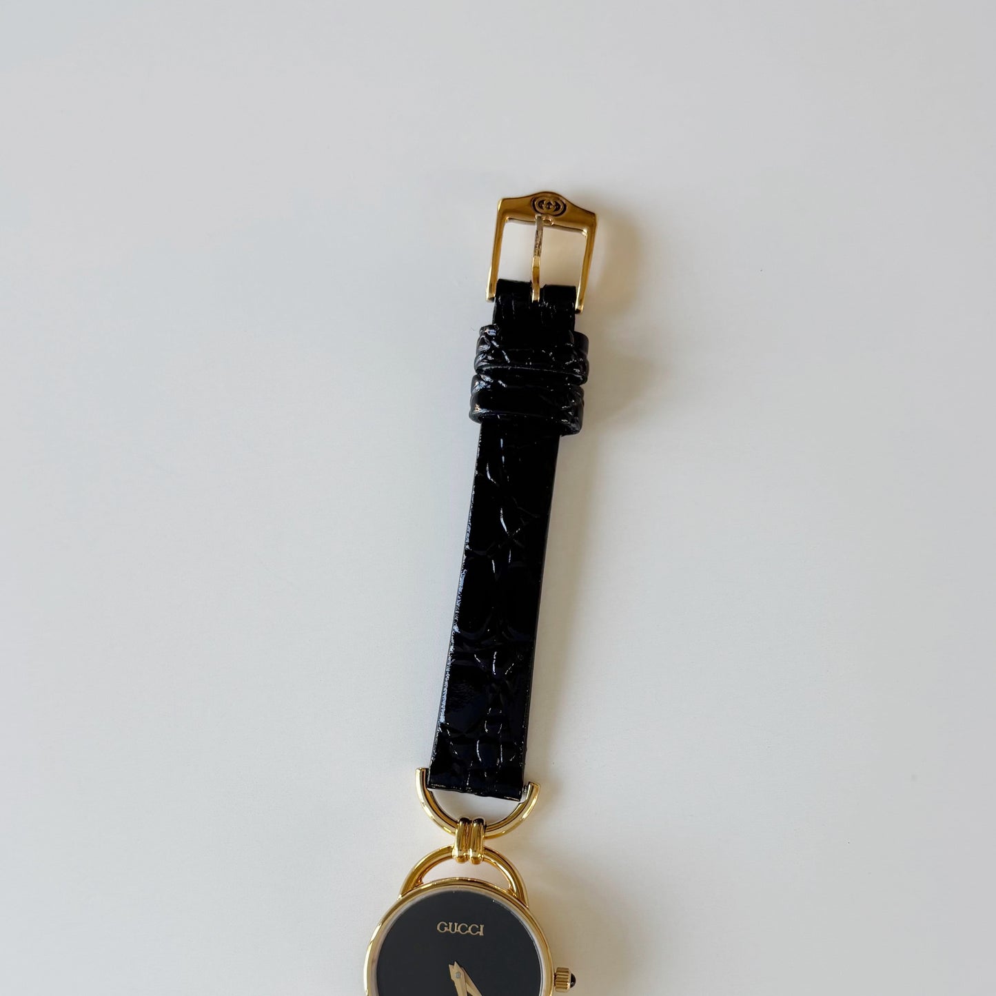Gucci 1990s Black Round Dial Horsebit Gold Plated Watch