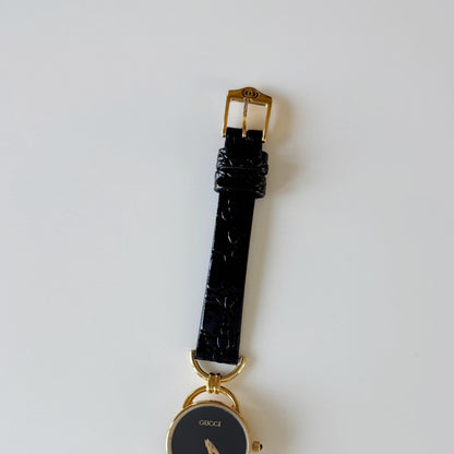 Gucci 1990s Black Round Dial Horsebit Gold Plated Watch