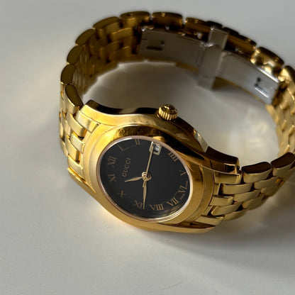 Gucci 1990s Date Black Round Dial Gold-Plated Watch