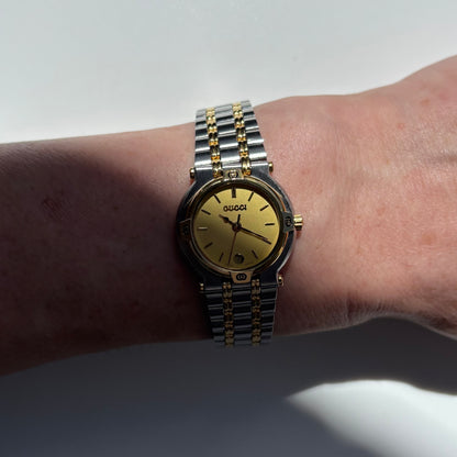 Gucci 1990s Date Round Dial Two Tone Gold Plated Watch