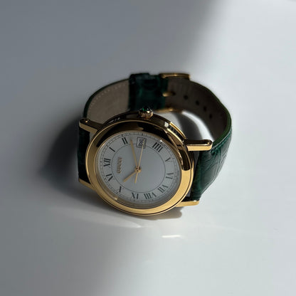 Gucci 1990s Date Round Green Dial Gold-Plated Watch (Large)