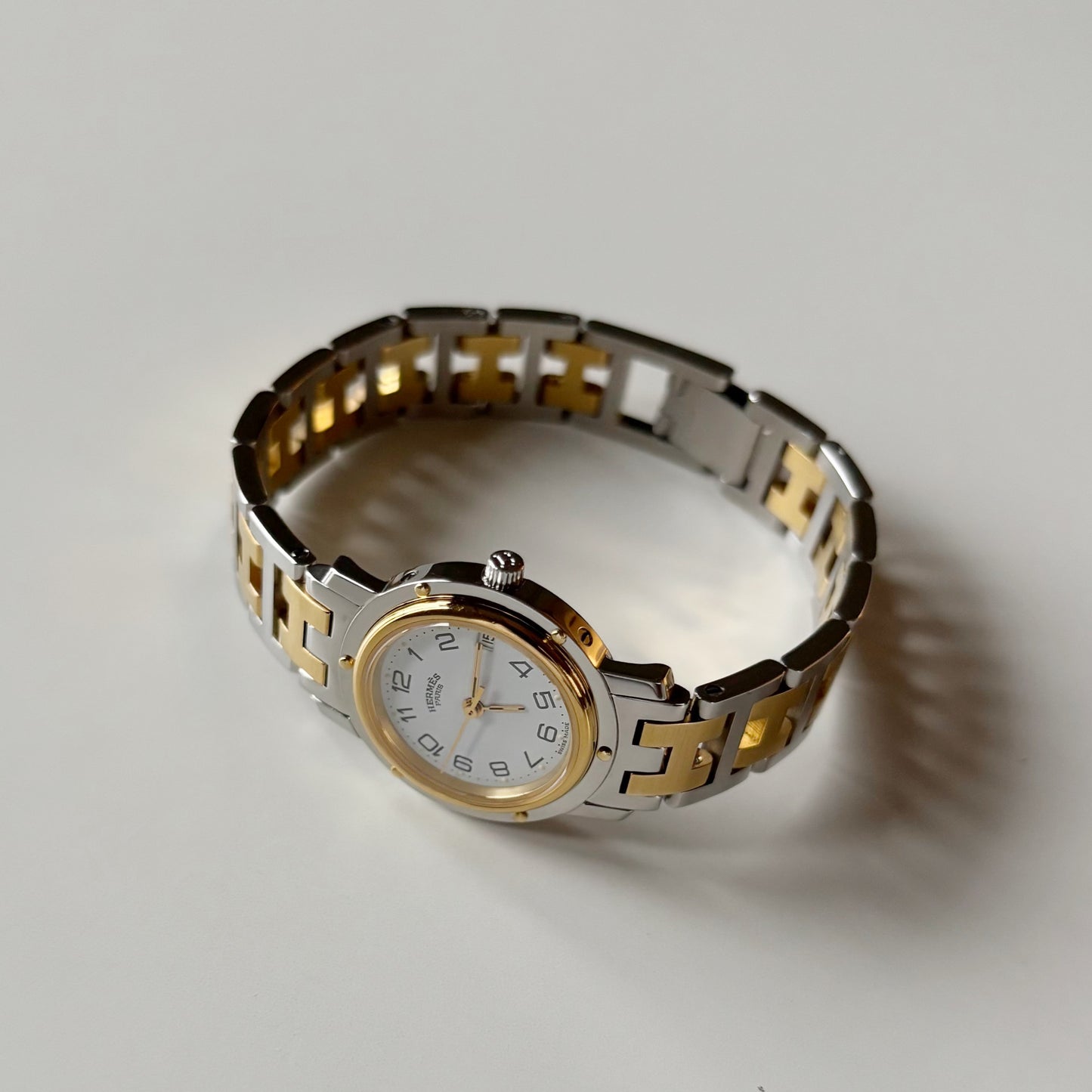 Hermes Early 2000s Clipper White Round Dial Two Tone Watch