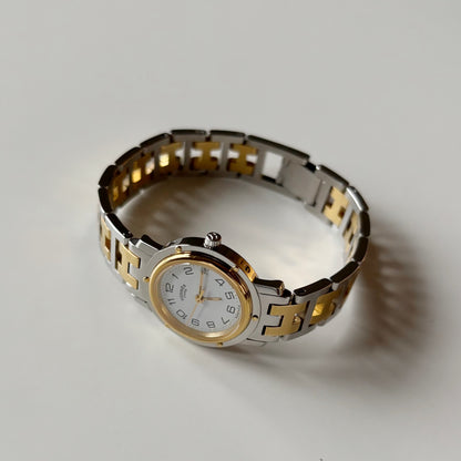Hermes Early 2000s Clipper White Round Dial Two Tone Watch