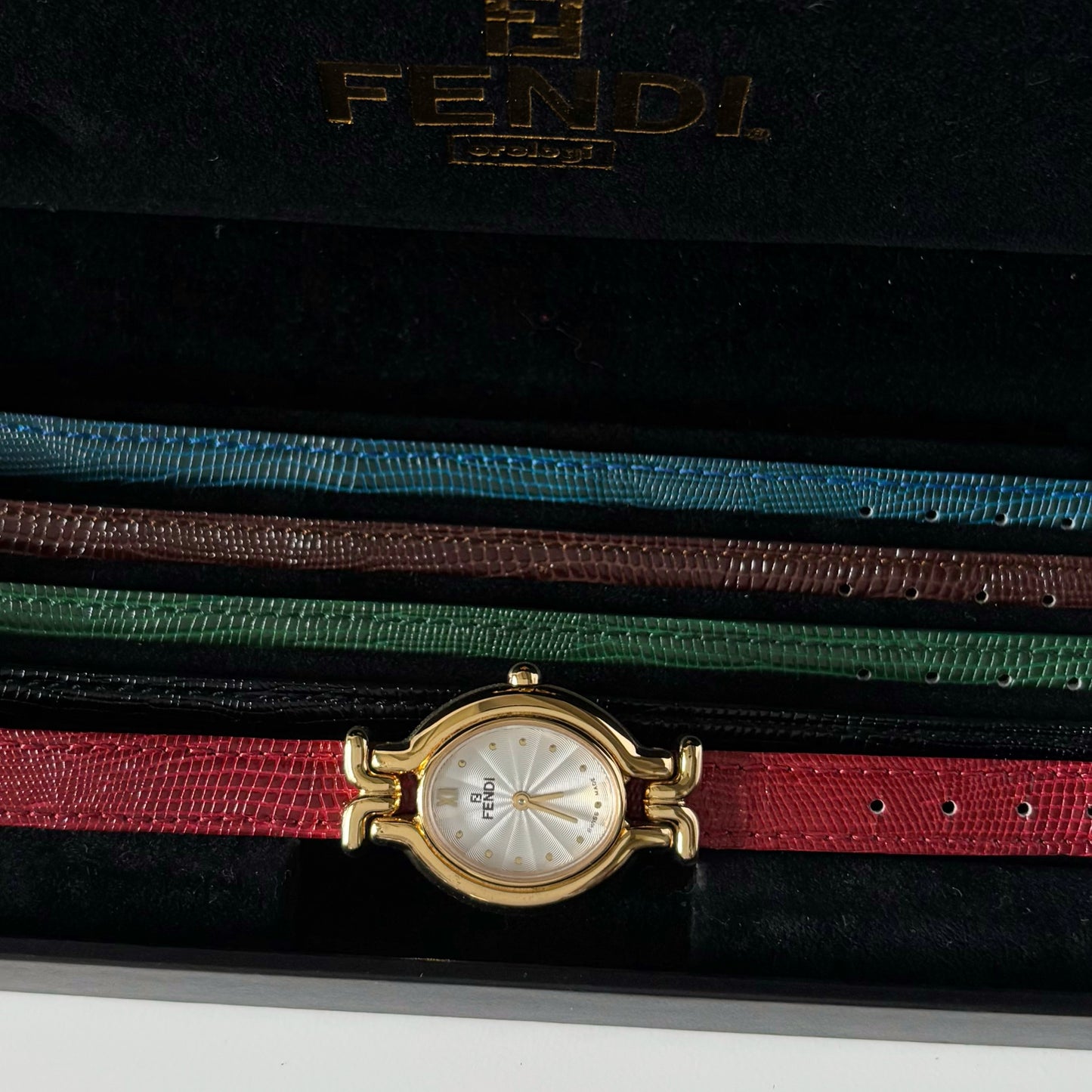 Fendi 1990s Interchangeable Strap Gold Plated Watch with 5 straps, case