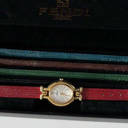 Fendi 1990s Interchangeable Strap Gold Plated Watch with 5 straps, case
