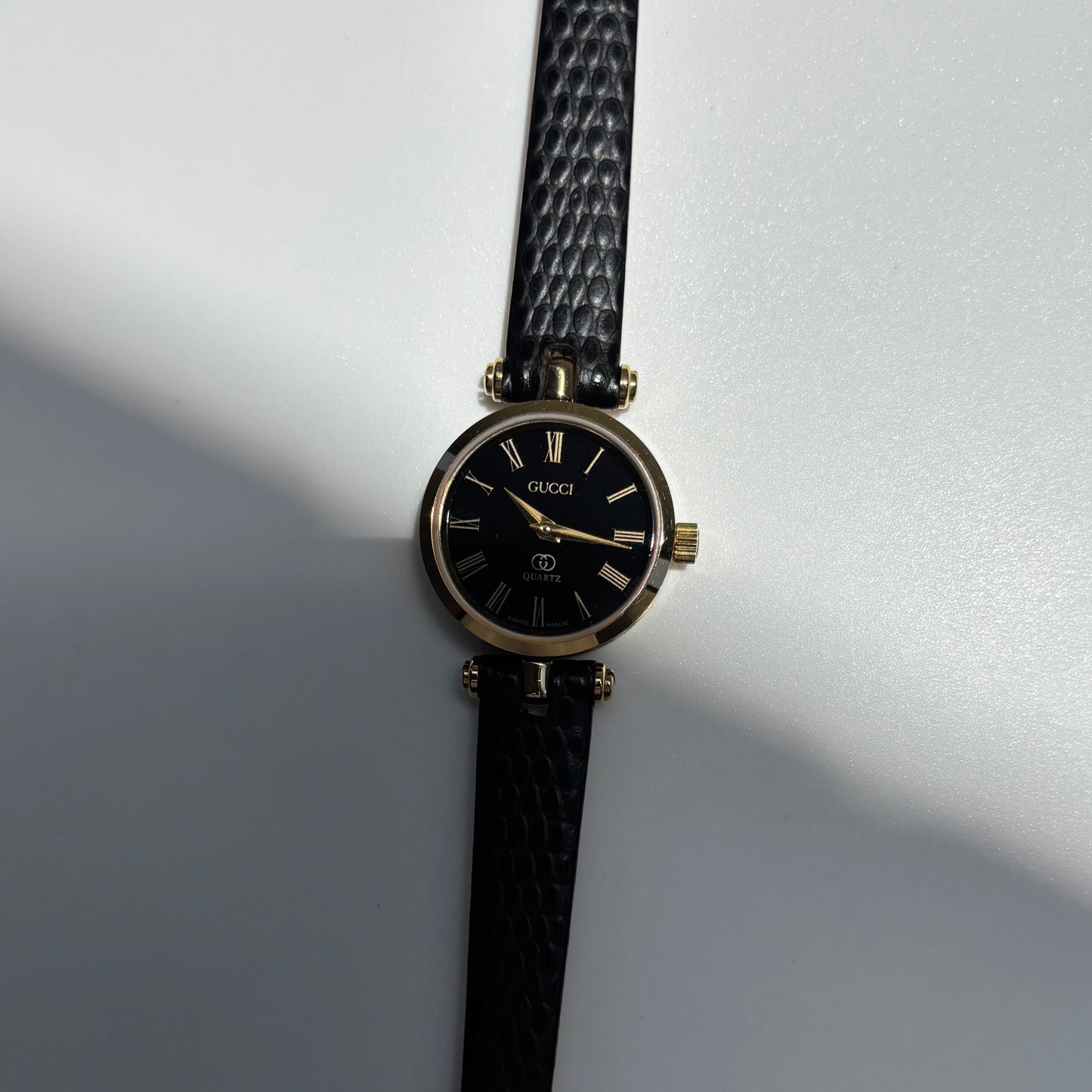 Gucci 1980s Black Round Dial Gold Plated Watch