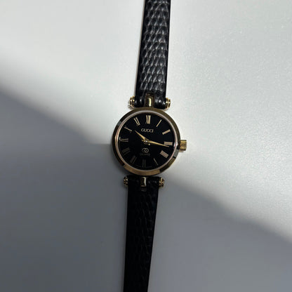 Gucci 1980s Black Round Dial Gold Plated Watch