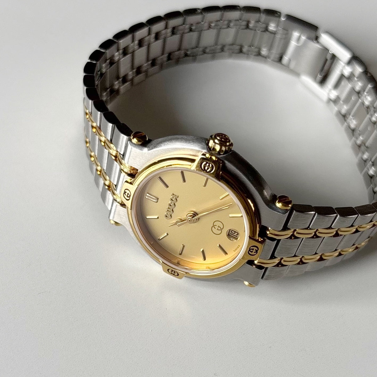 Gucci 1990s Round Dial Gold Plated Two Tone Watch