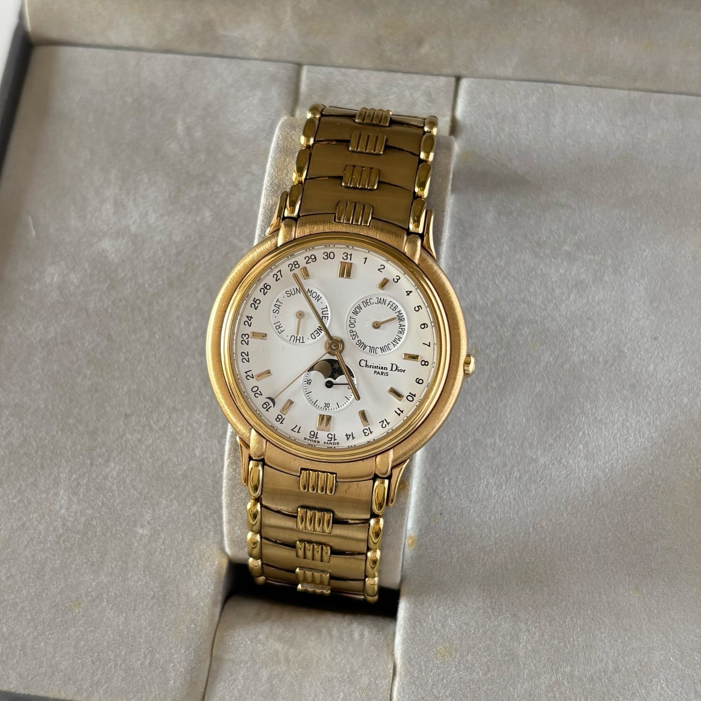 Dior 1990s Moon Phase Triple Calendar Gold Plated Watch