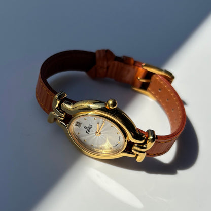 Fendi 1990s Interchangeable Belt Gold Plated  Watch with 5 belts, case