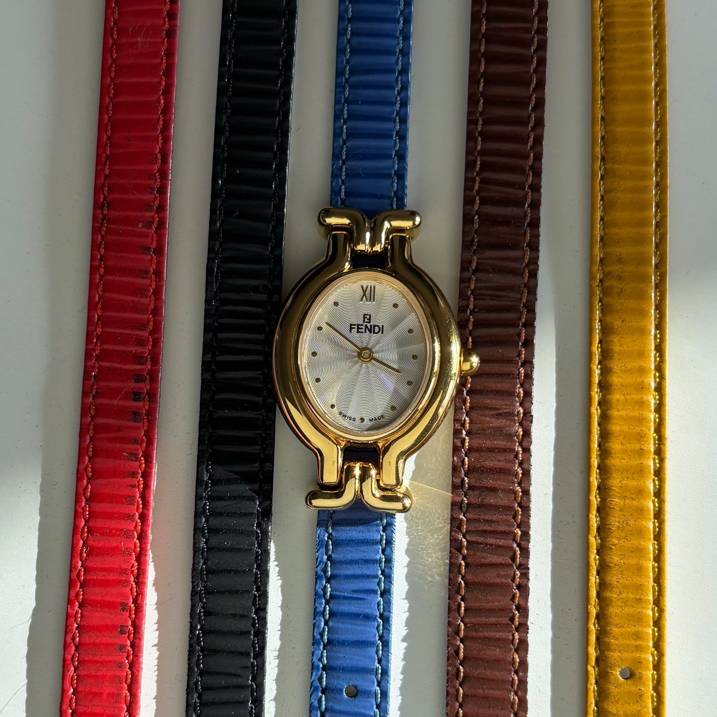 Fendi 1990s Interchangeable Strap Oval Dial Gold Plated Watch with 5 straps, case