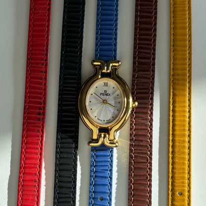 Fendi 1990s Interchangeable Strap Oval Dial Gold Plated Watch with 5 straps, case