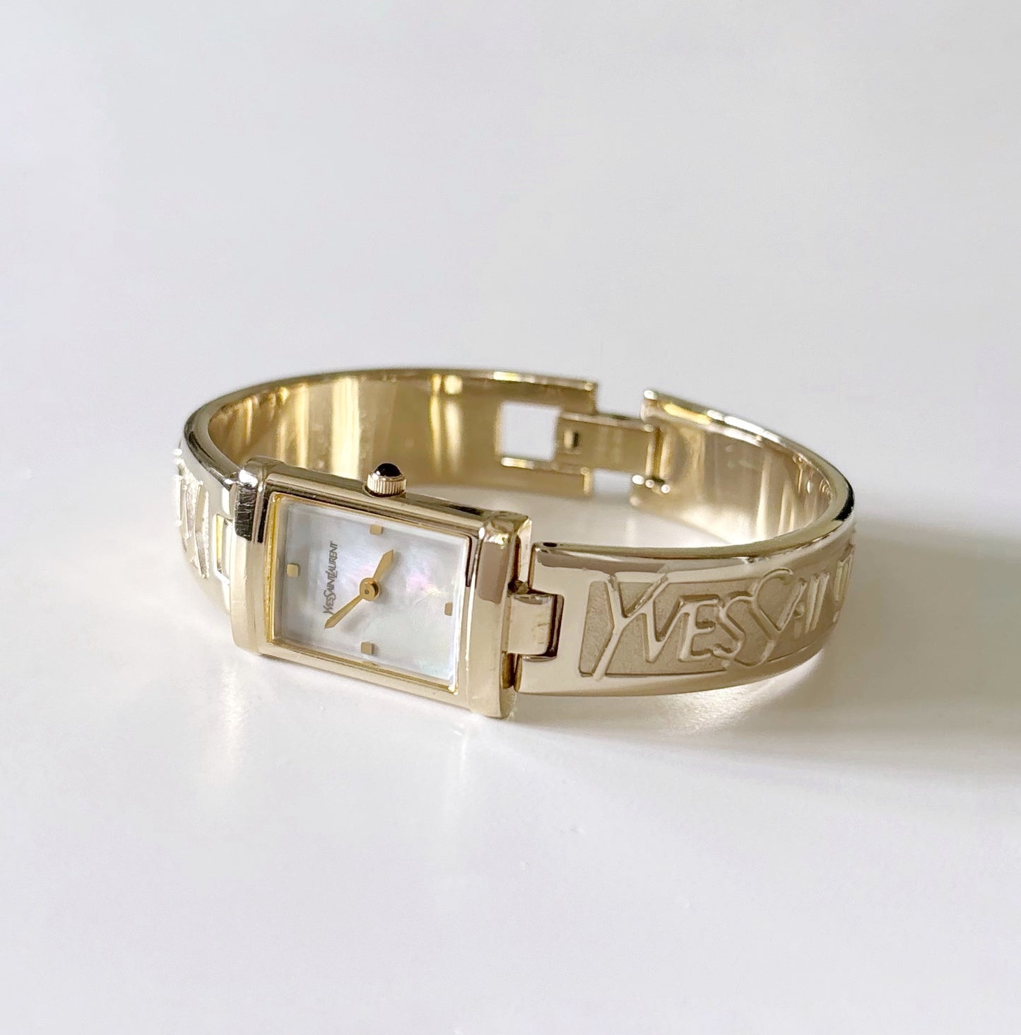 Yves Saint Laurent 1990s Seashell Dial Gold Plated Bangle Watch