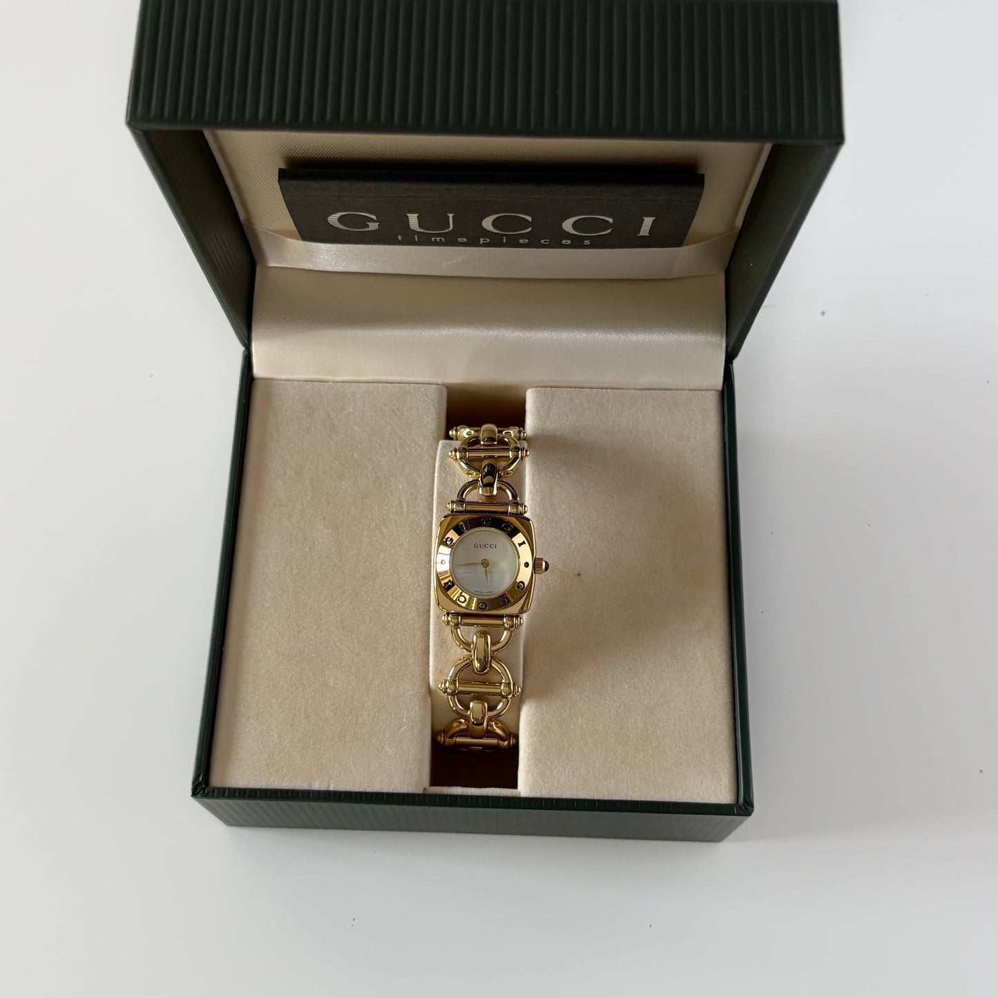 Gucci 1990s Seashell Dial Gold Plated Horsebit Watch