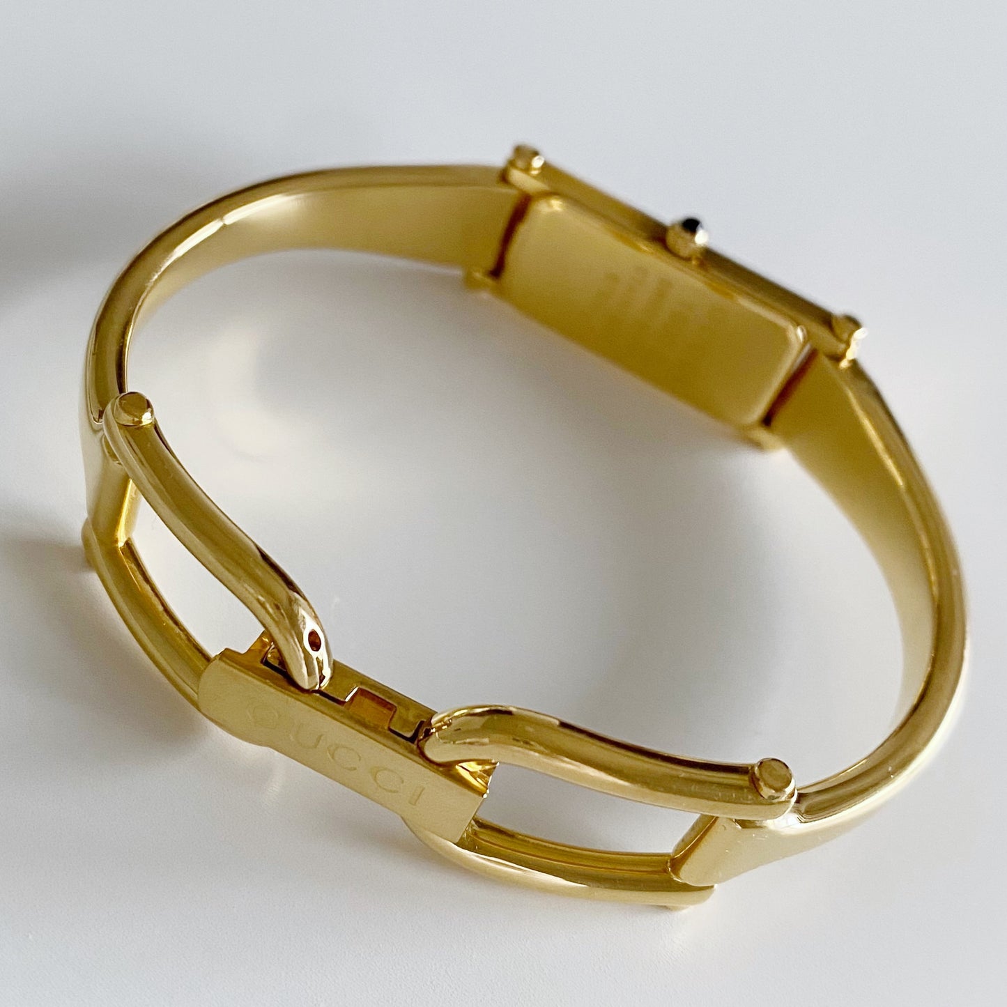 Gucci 1990s Seashell Dial Rectangular Gold Plated Bangle Watch