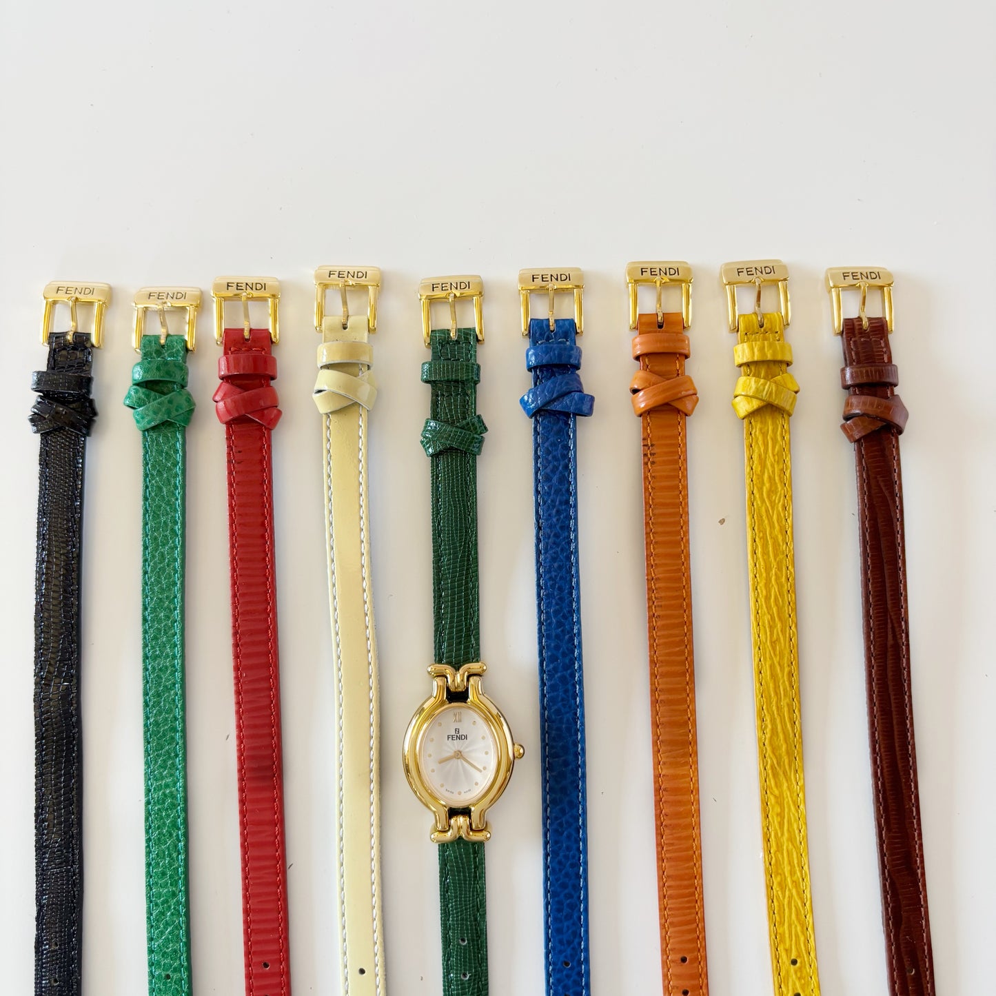 Fendi 1990s Interchangeable Belt Gold Plated Watch with 9 straps, case