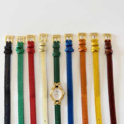 Fendi 1990s Interchangeable Belt Gold Plated Watch with 9 straps, case