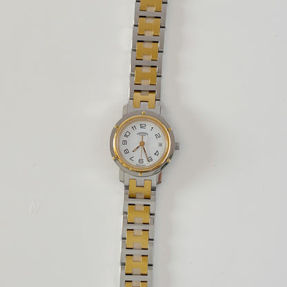 Hermes 1990s Clipper Date Round Dial Two Tone Gold Plated Watch