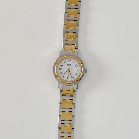 Hermes 1990s Clipper Date Round Dial Two Tone Gold Plated Watch