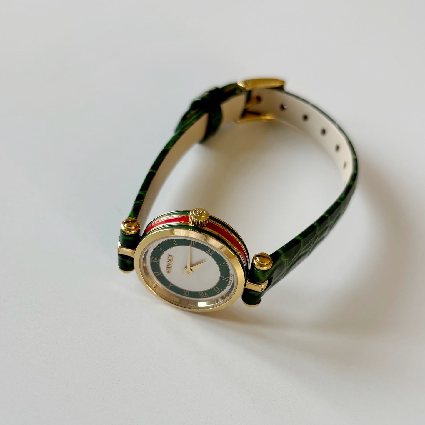 Gucci 1990s Green Round Dial Gold Plated Watch