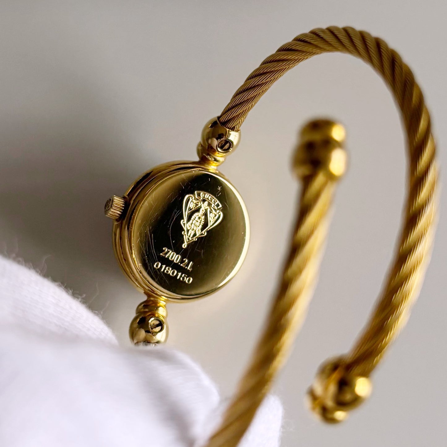 Gucci 1990s Black Dial Gold Plated Cable Bangle Watch