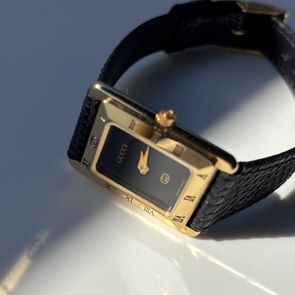 Gucci 1980s Black Dial Tank Gold Plated Watch