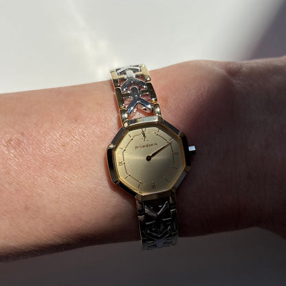 Yves Saint Laurent 1990s Octagon Gold Plated Two Tone Watch