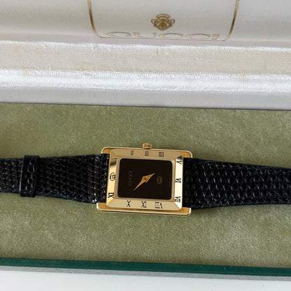 Gucci 1980s Black Dial Tank Gold Plated Watch