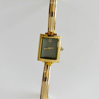 Yves Saint Laurent 1990s Green Dial Gold Plated Bangle Watch