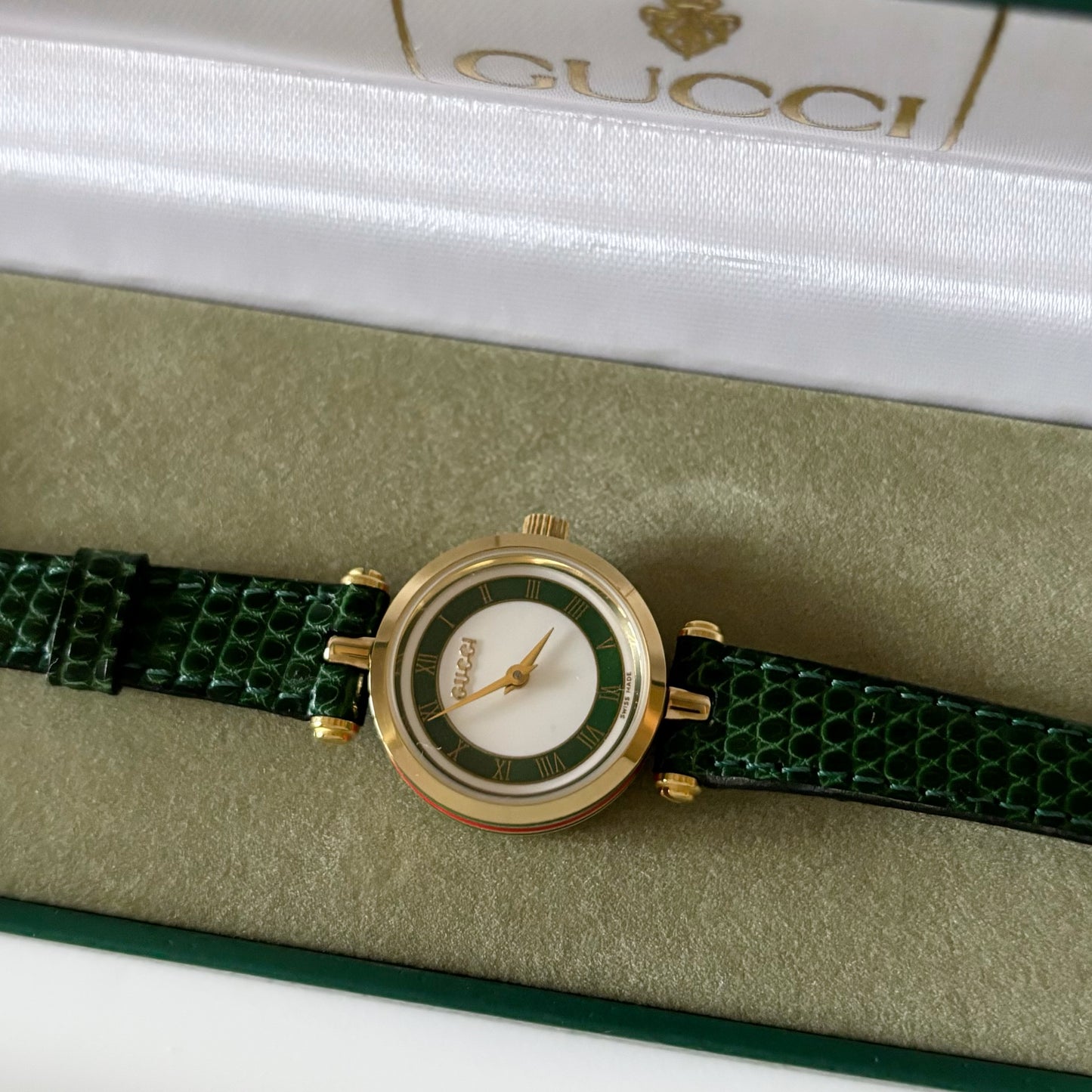 Gucci 1990s Round Green Leather Watch