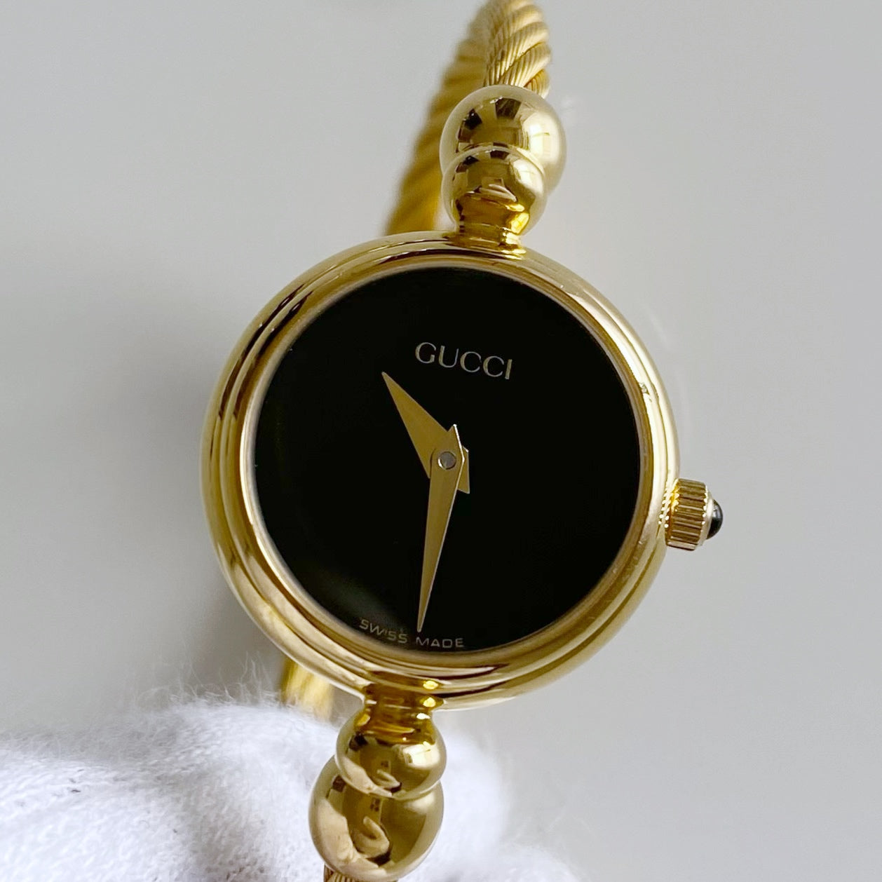 Gucci 1990s Black Dial Gold Plated Bangle Watch