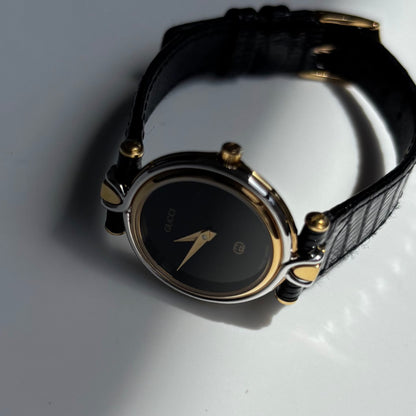 Gucci 1980s Black Round Dial Two Tone Watch