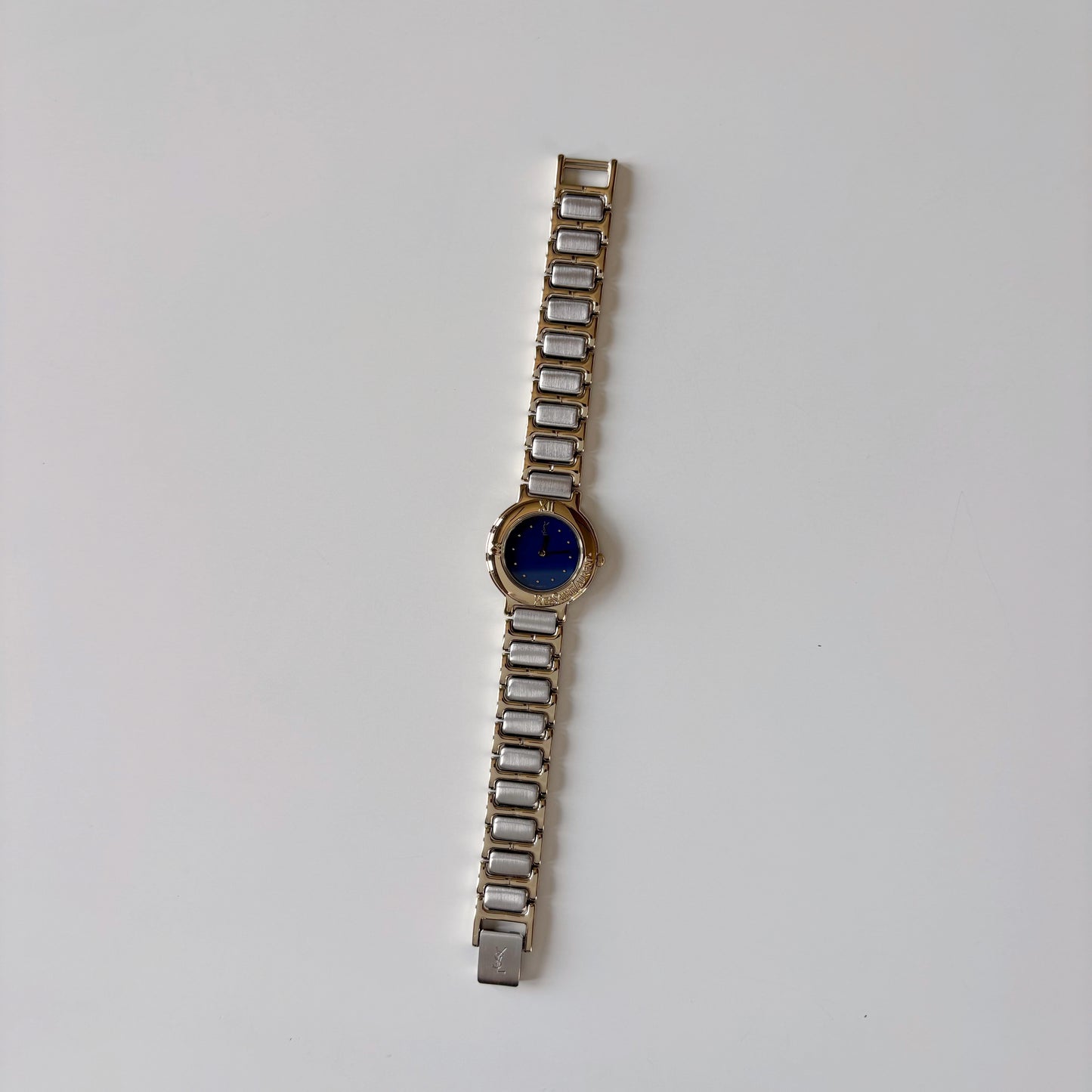 Yves Saint Laurent 1990s Navy Round Dial Two Tone Gold Plated Watch