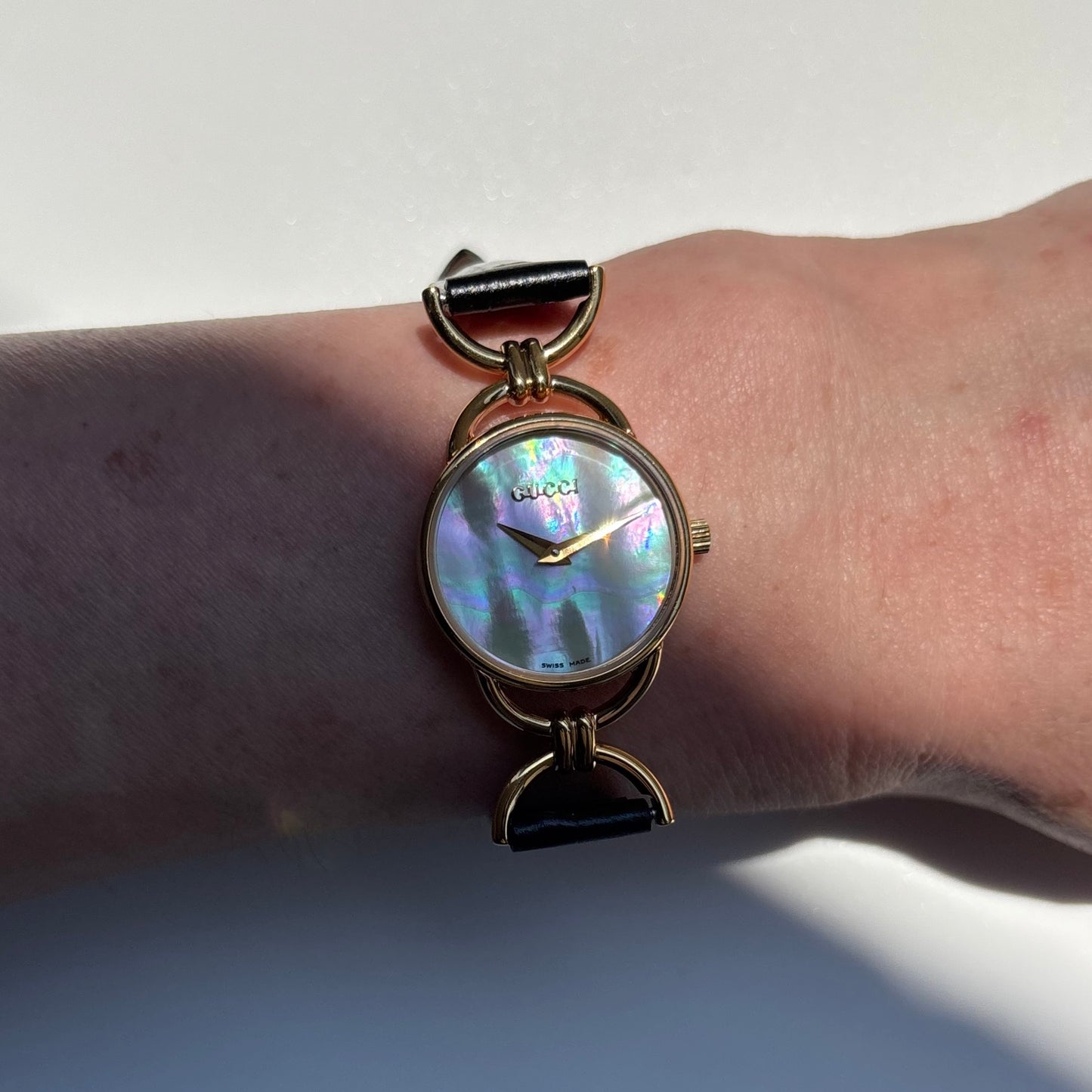 Gucci 1990s Seashell Dial Horsebit Gold Plated Watch