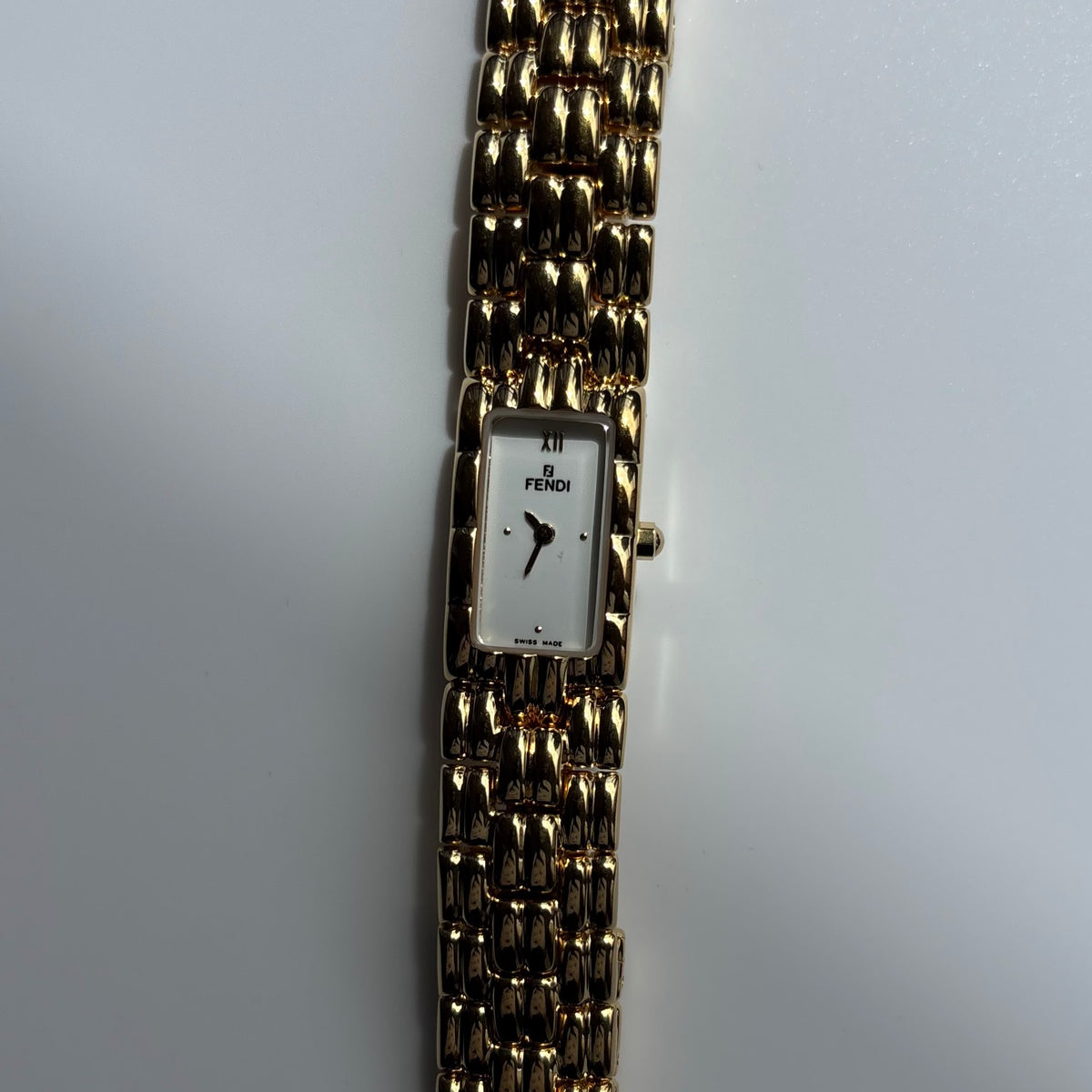 Fendi 1990s Rectangular White Dial Gold Plated Watch
