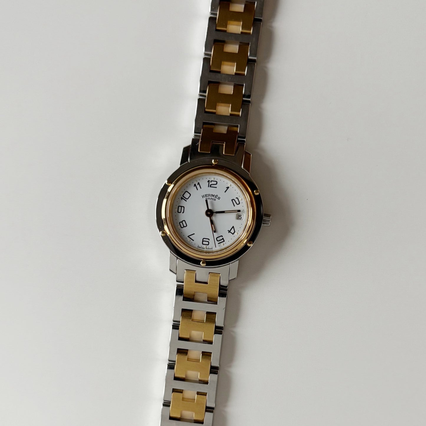 Hermes 1990s Clipper Round Dial Gold Plated Two Tone Watch